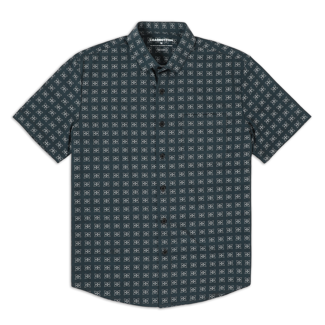 Cabana Shirt Mosaic front a dark grey print with white small mosaic pattern on a short sleeve button down collared shirt with a front left patch pocket