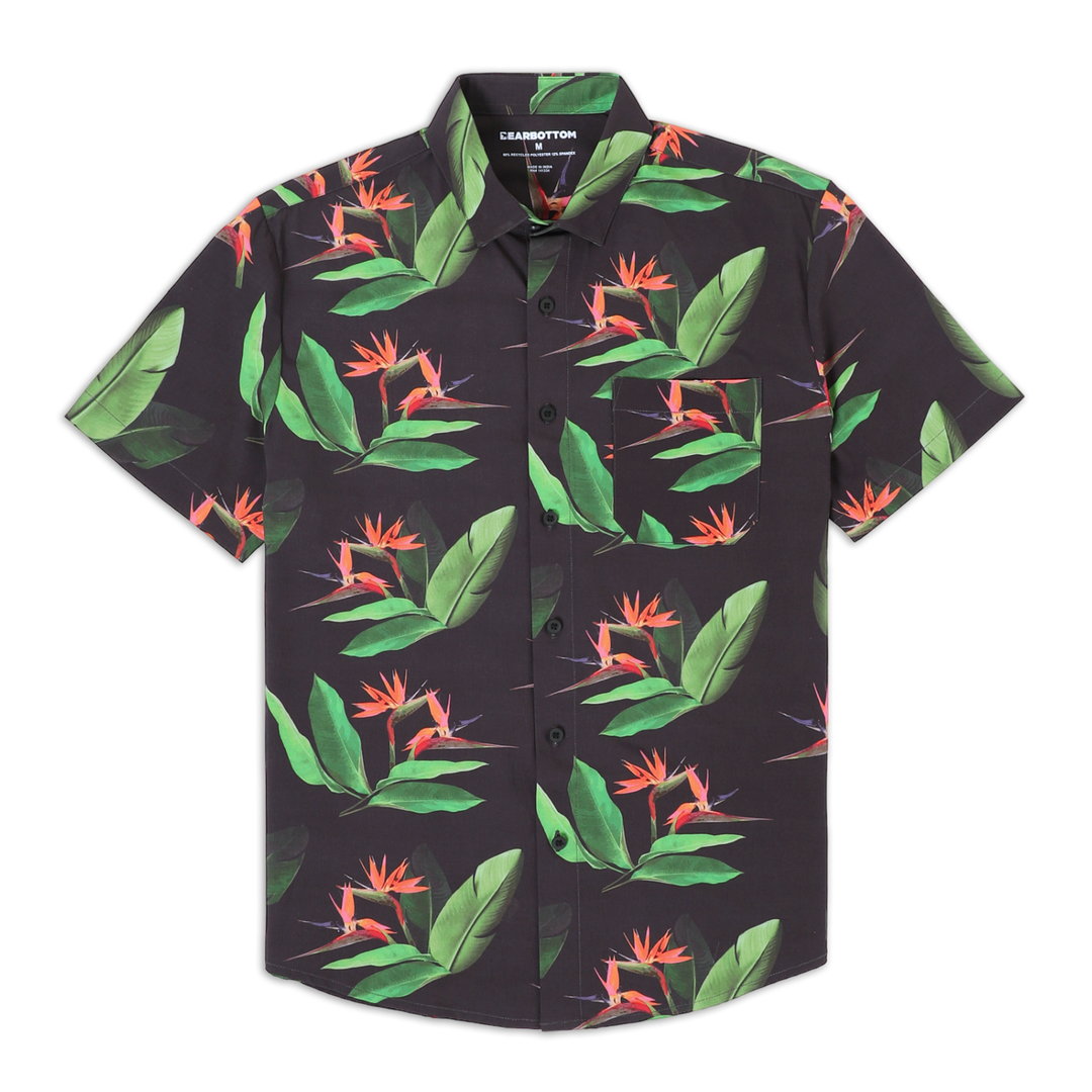 Cabana Shirt Paradise a black print with birds of paradise on a short sleeve button down collared shirt with a front left patch pocket