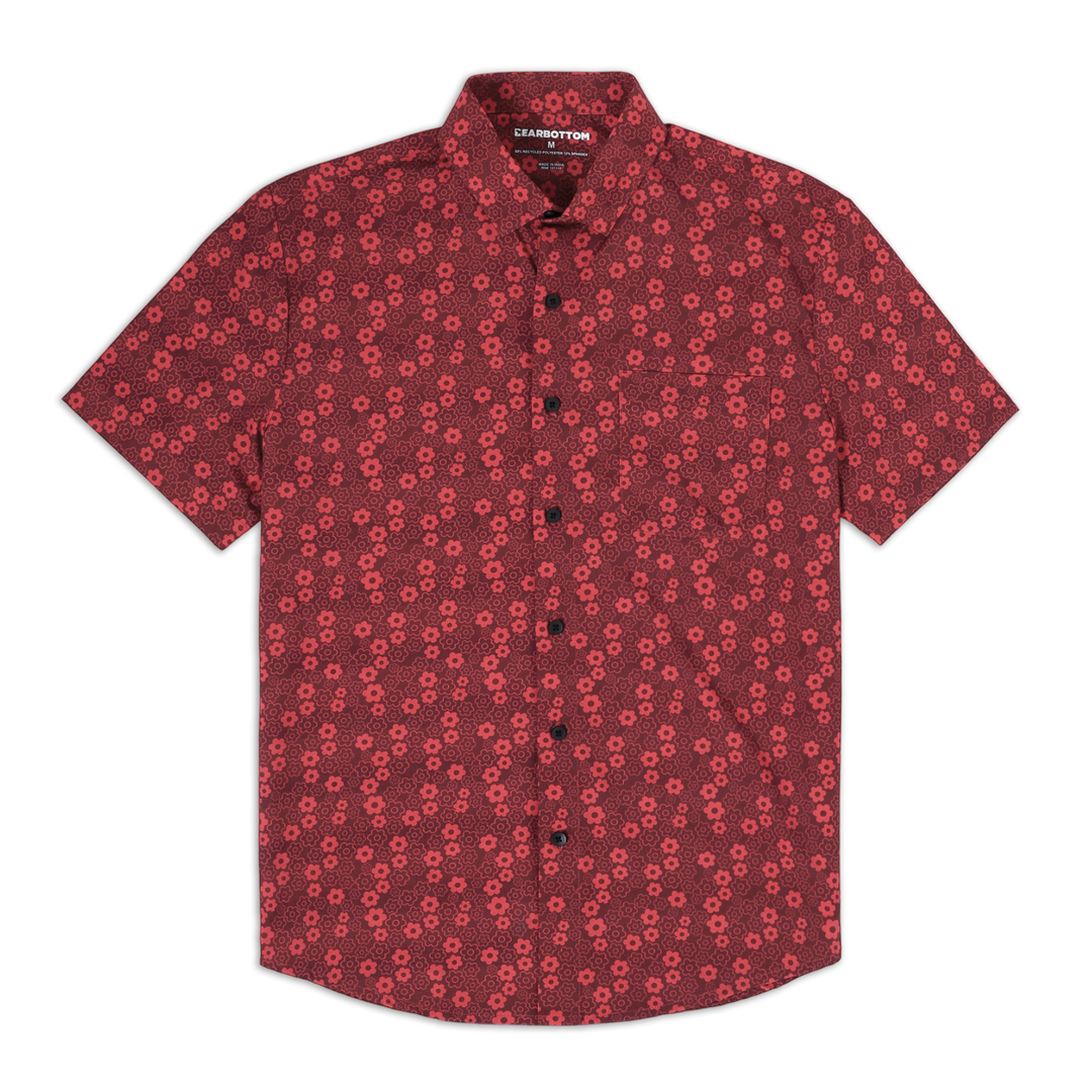 Cabana Shirt Poppy a red print with small darker and lighter poppy flowers on a short sleeve button down collared shirt with a front left patch pocket