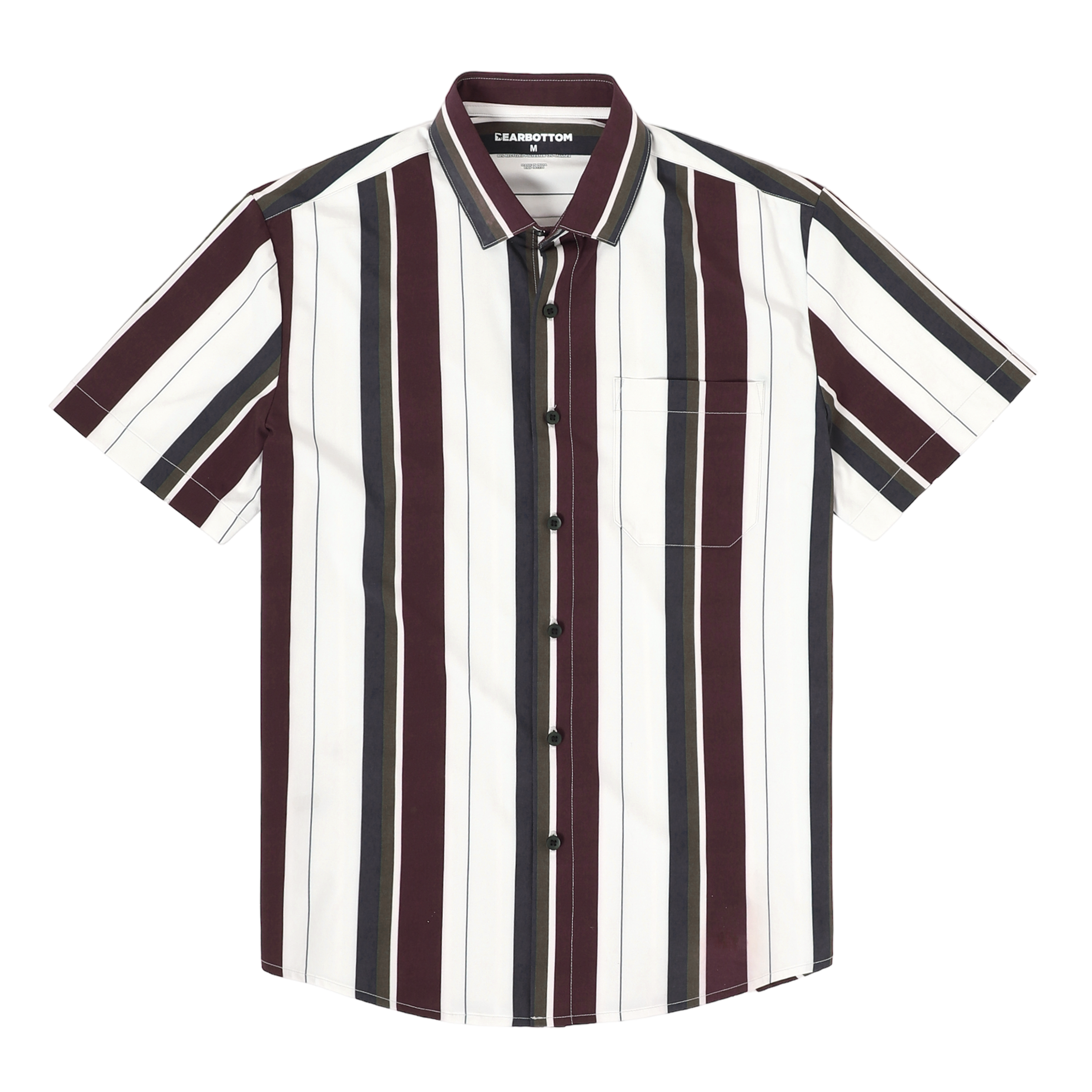 Cabana Shirt Vintage Stripe front, a white print with grey maroon and white stripes on a short sleeve button down collared shirt with a front left patch pocket