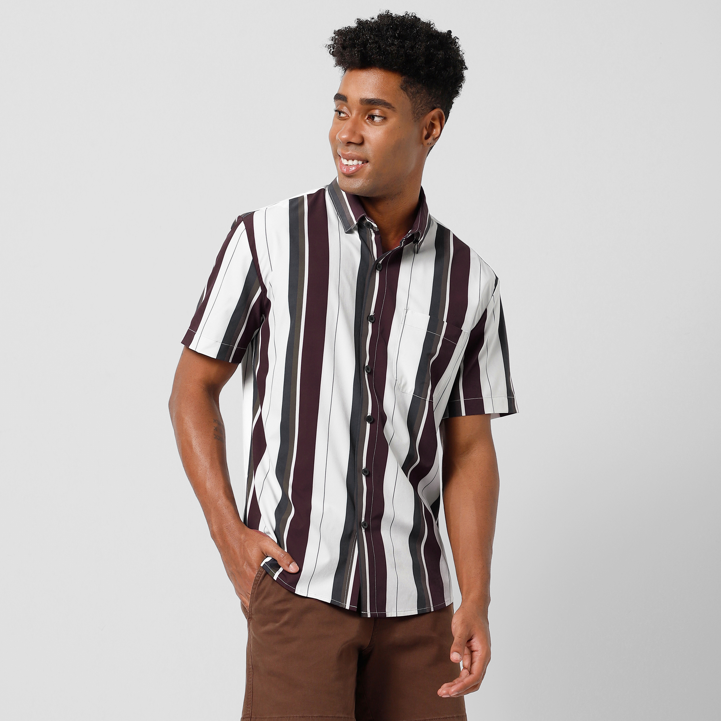 Cabana Shirt Vintage Stripe front on model