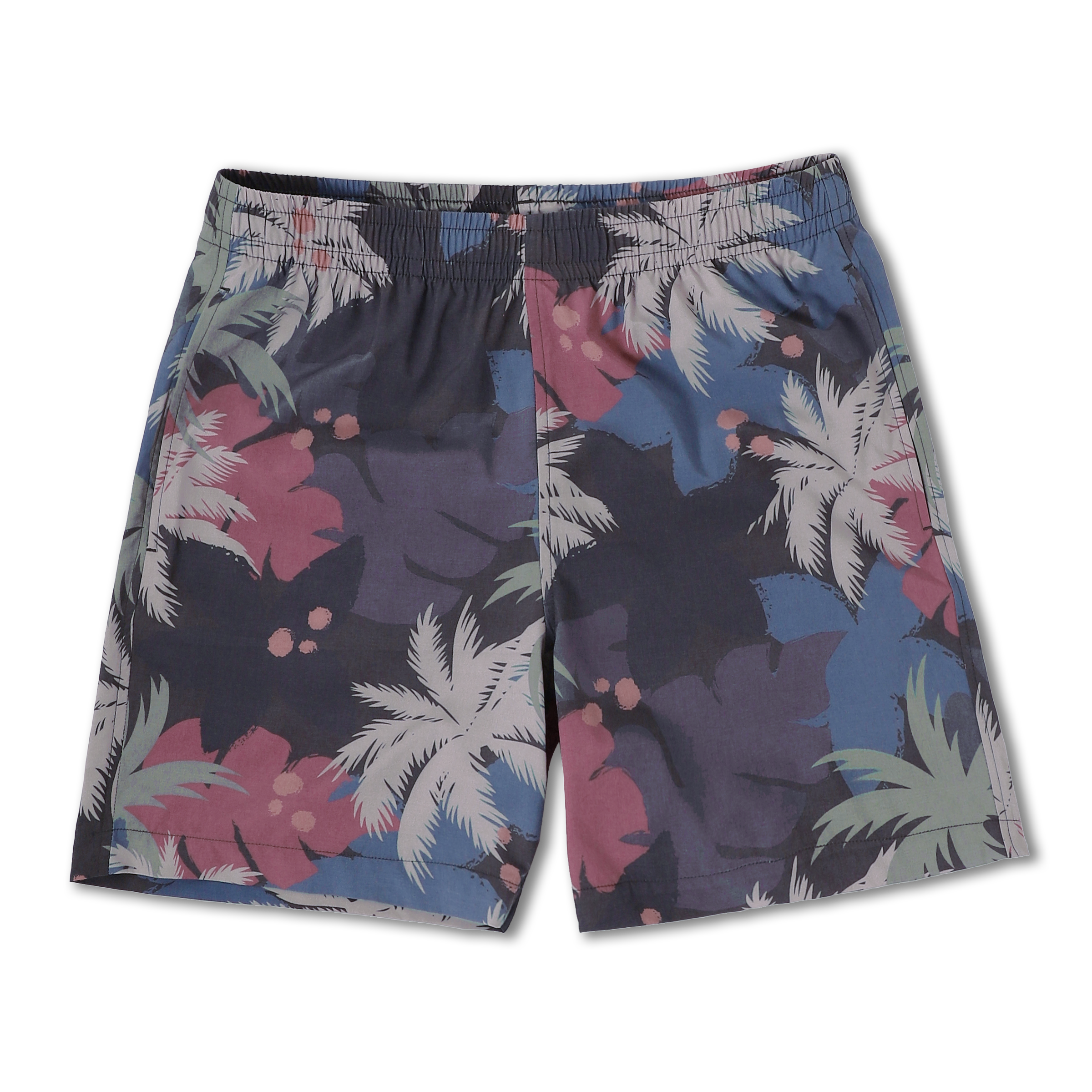 Cabana Short 5.5" Coco front a dark grey print with grey, blue, pink, and off white solid colored palm fronds and tropical leaves on a short with an elastic waistband and two side seam pockets