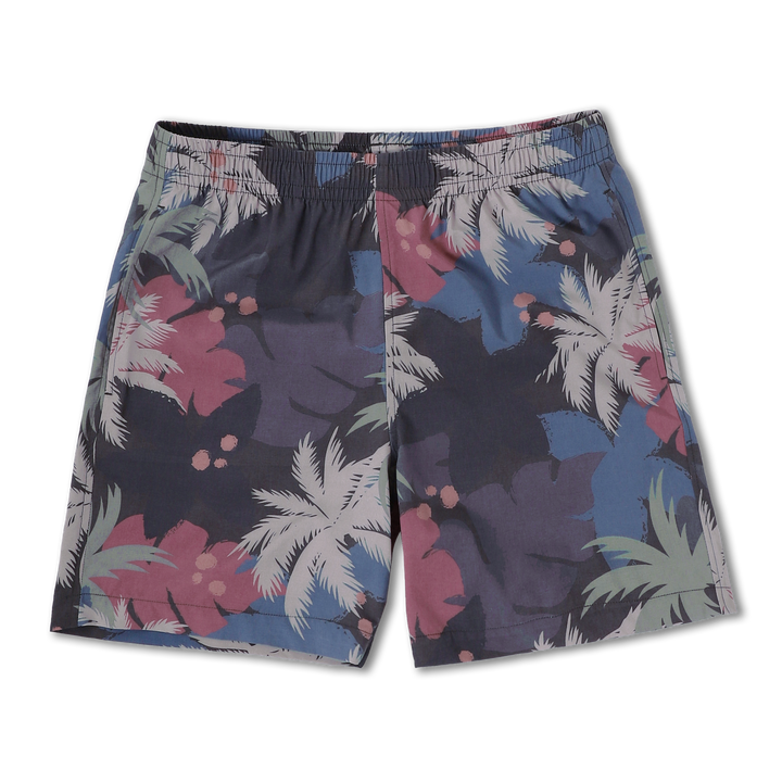 Cabana Short 5.5" Coco front a dark grey print with grey, blue, pink, and off white solid colored palm fronds and tropical leaves on a short with an elastic waistband and two side seam pockets