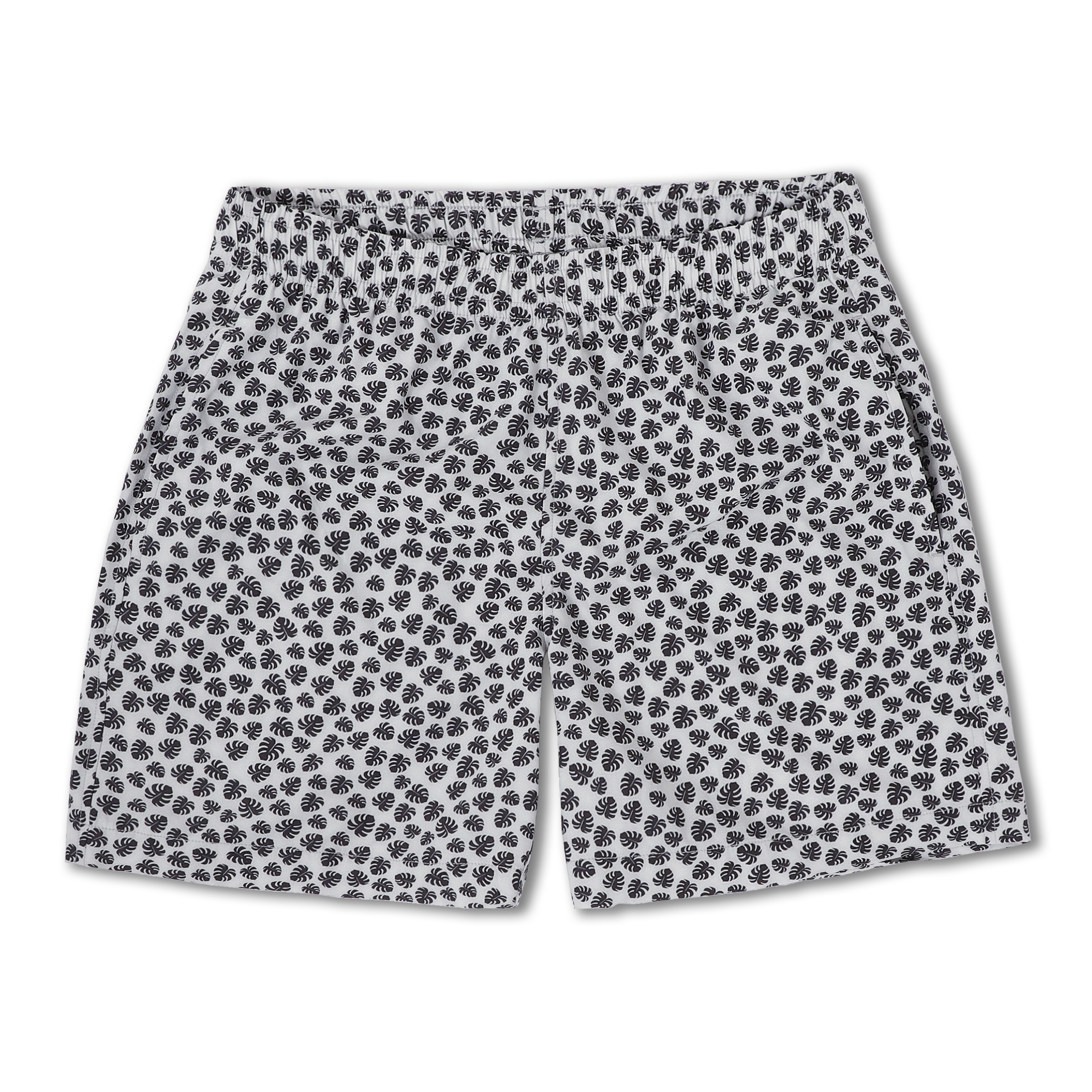 Cabana Short 5.5" Monstera a white print with small black monstera leaves on a short with an elastic waistband and two side seam pockets