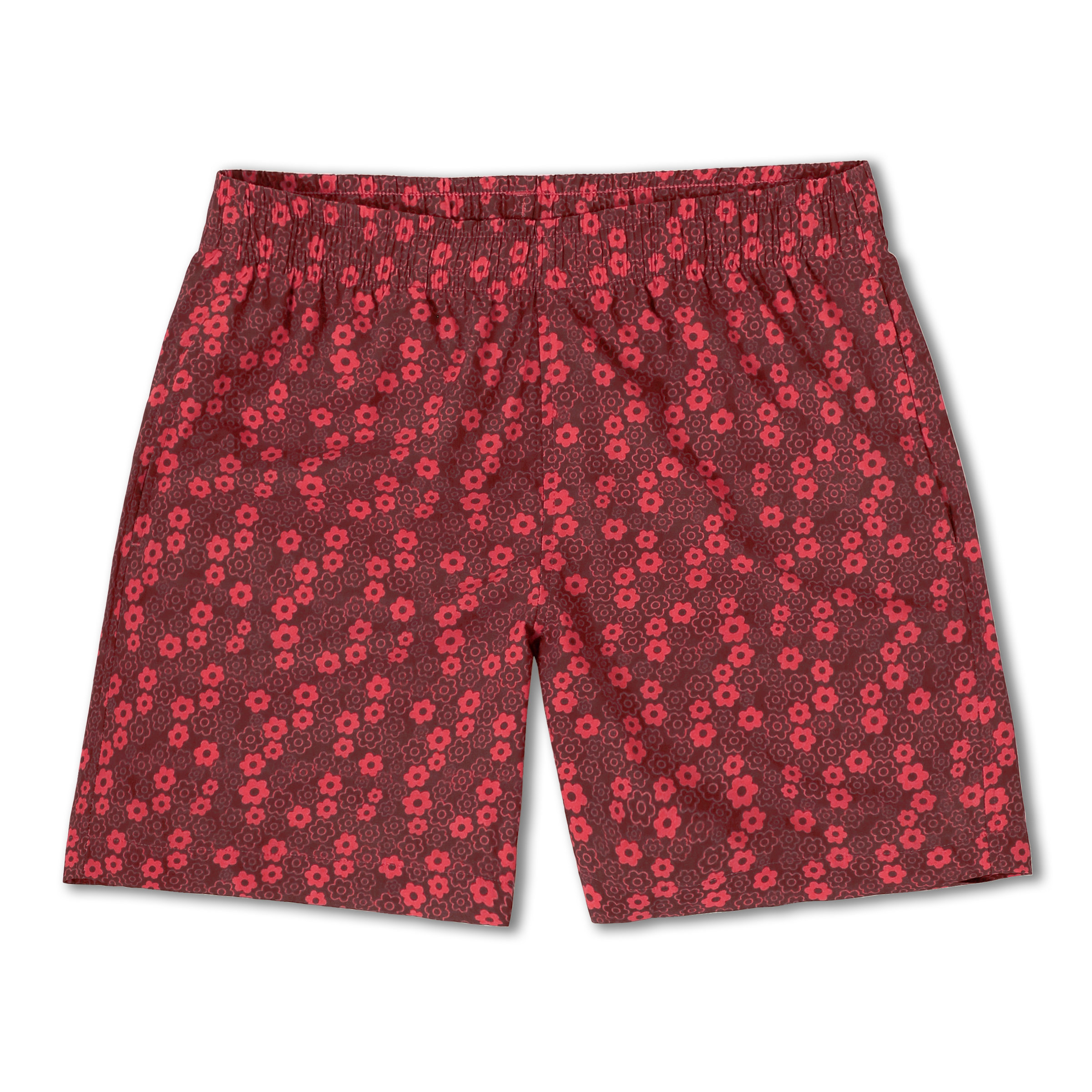 Cabana Short 5.5" Poppy a red print with small darker and lighter poppy flowers on a short with an elastic waistband and two side seam pockets