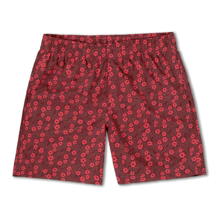 Cabana Short 5.5" Poppy a red print with small darker and lighter poppy flowers on a short with an elastic waistband and two side seam pockets