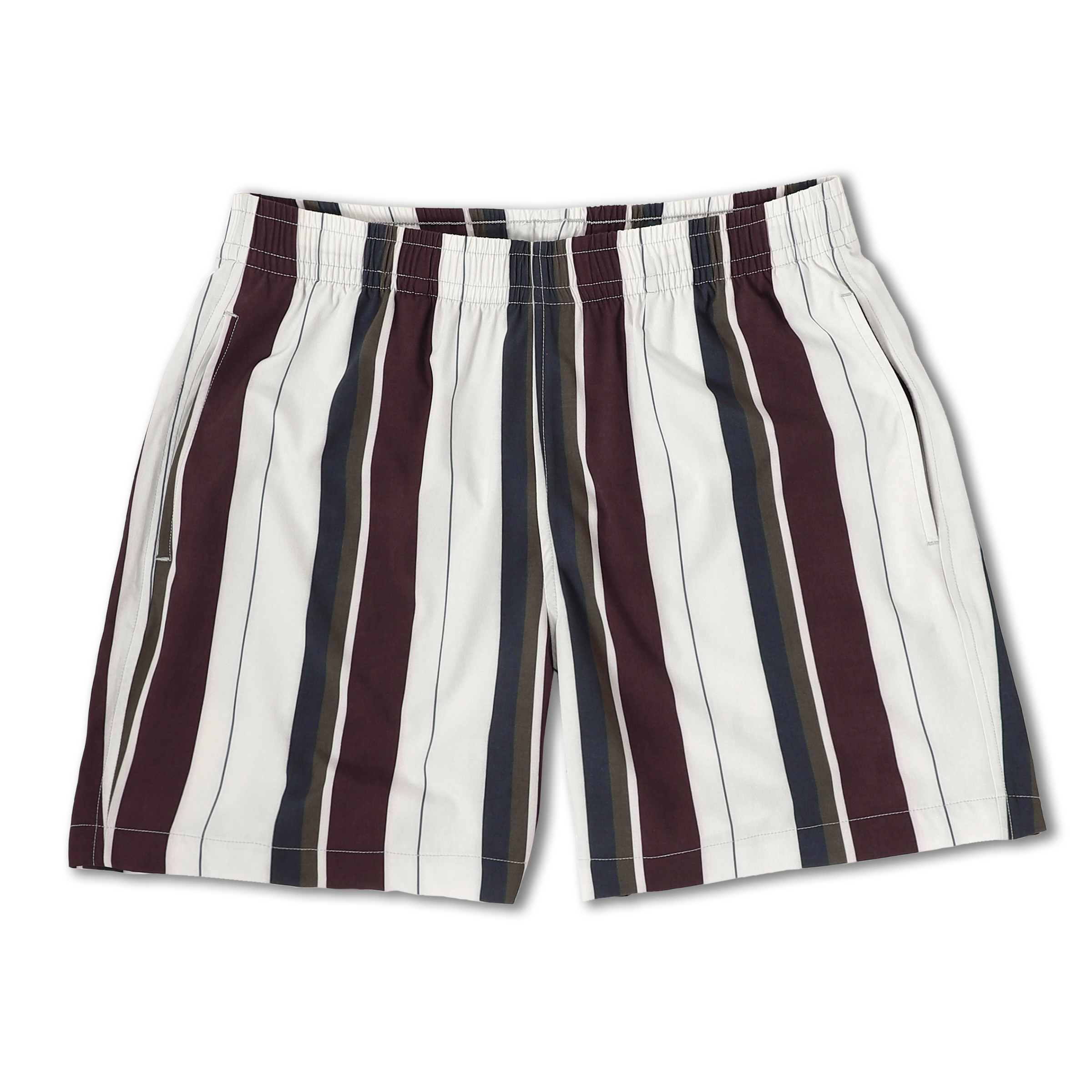 Cabana Short 5.5" Vintage Stripe a white print with grey maroon and white stripes on a short with an elastic waistband and two side seam pockets