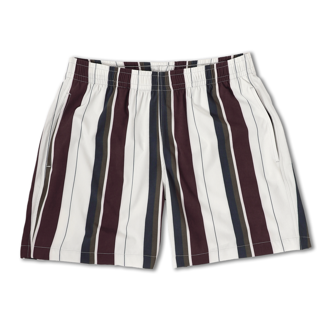Cabana Short 5.5" Vintage Stripe a white print with grey maroon and white stripes on a short with an elastic waistband and two side seam pockets
