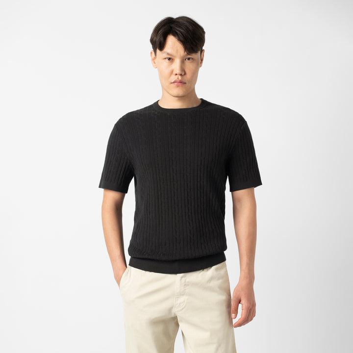 Cable Stitch Sweater Crewneck Black front on model