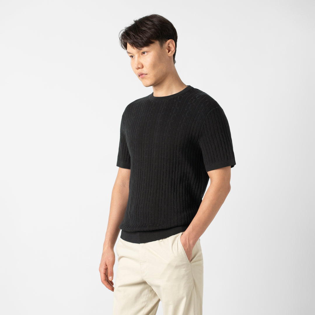 Cable Stitch Sweater Crewneck Black side on model
