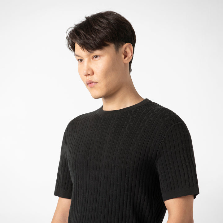Cable Stitch Sweater Crewneck Black close up on model