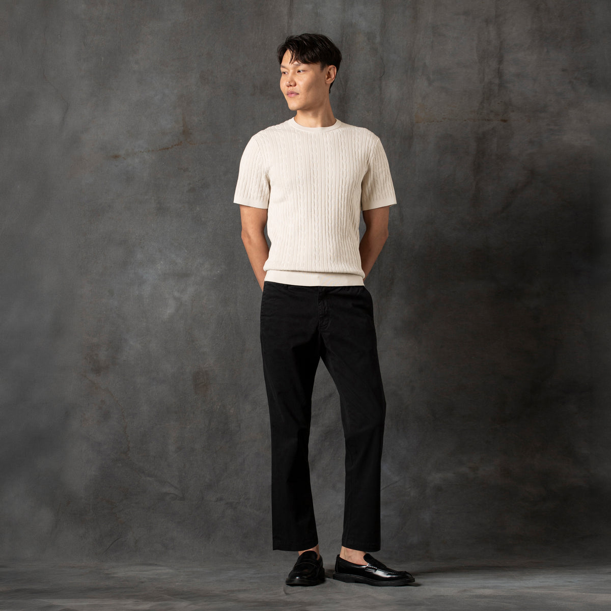 Cable Stitch Sweater Crewneck Bone full body on model Charcoal Backdrop