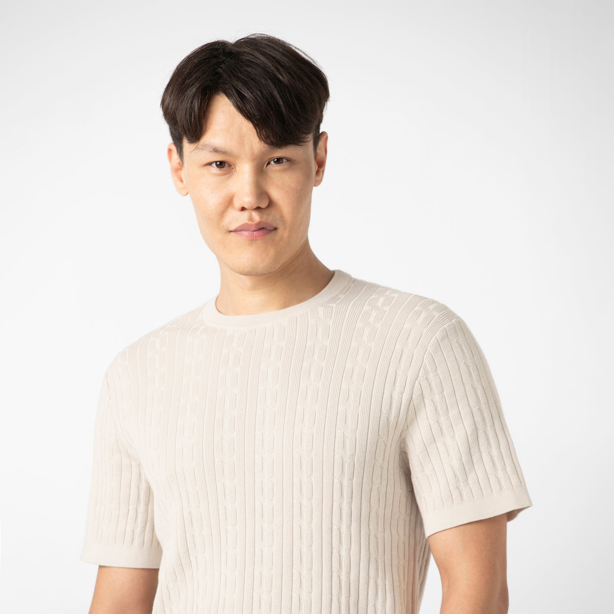 Cable Stitch Sweater Crewneck Bone close up on model