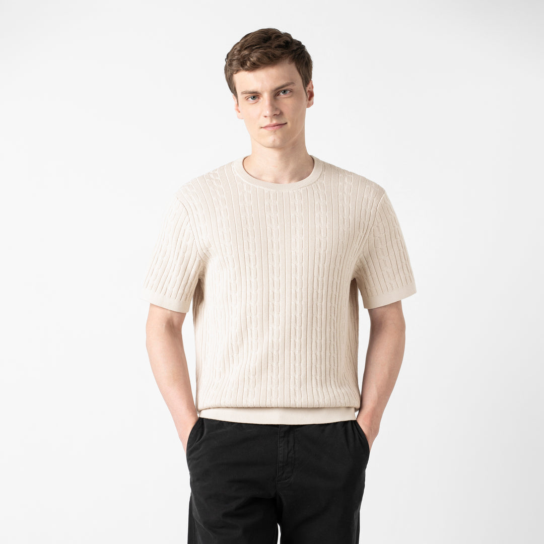 Cable Stitch Sweater Crewneck Bone front on model