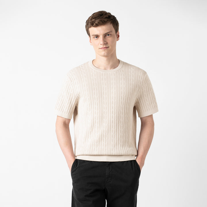 Cable Stitch Sweater Crewneck Bone front on model