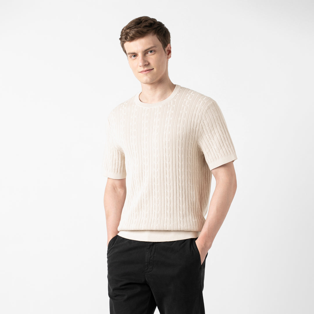 Cable Stitch Sweater Crewneck Bone side on model