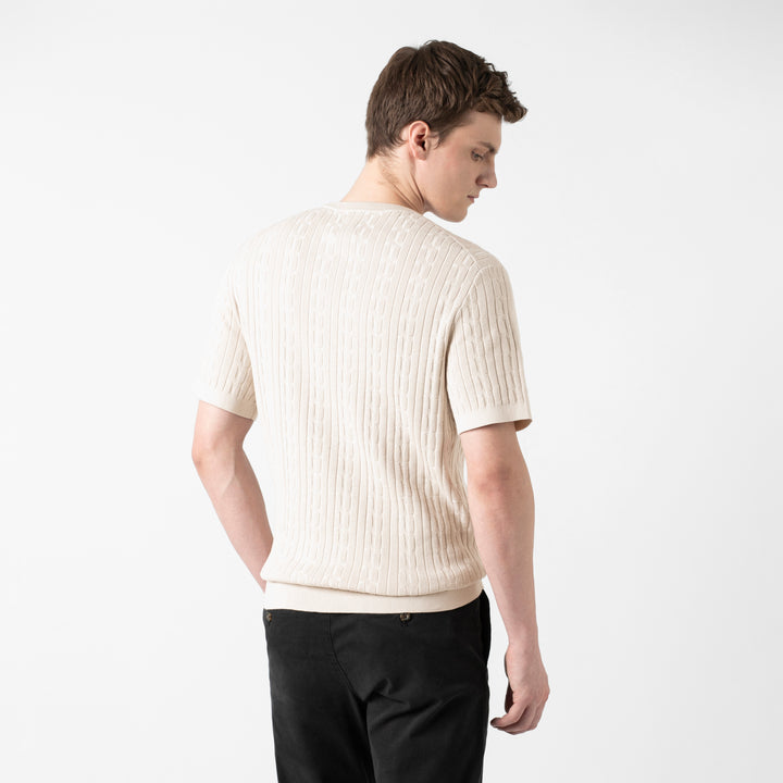 Cable Stitch Sweater Crewneck Bone back on model