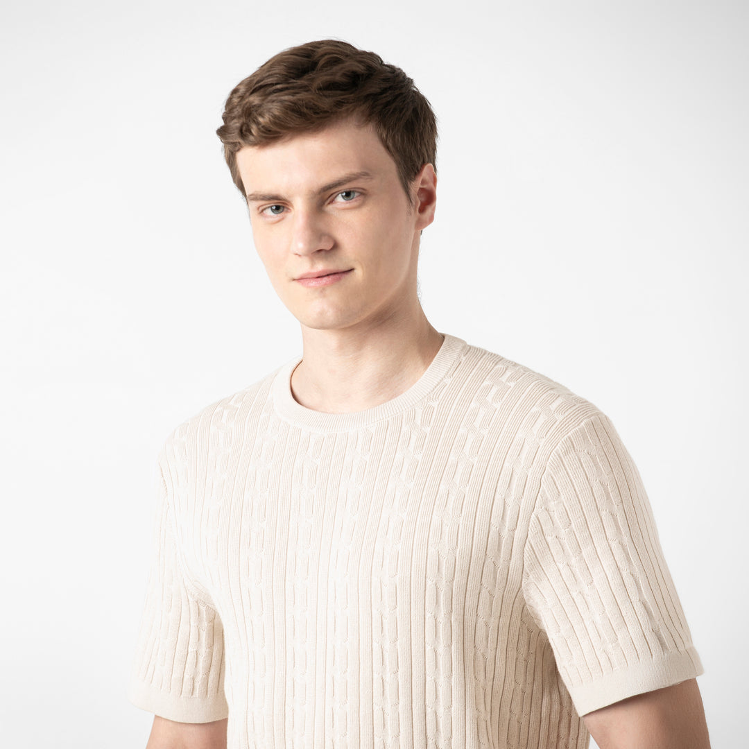 Cable Stitch Sweater Crewneck Bone close up on model