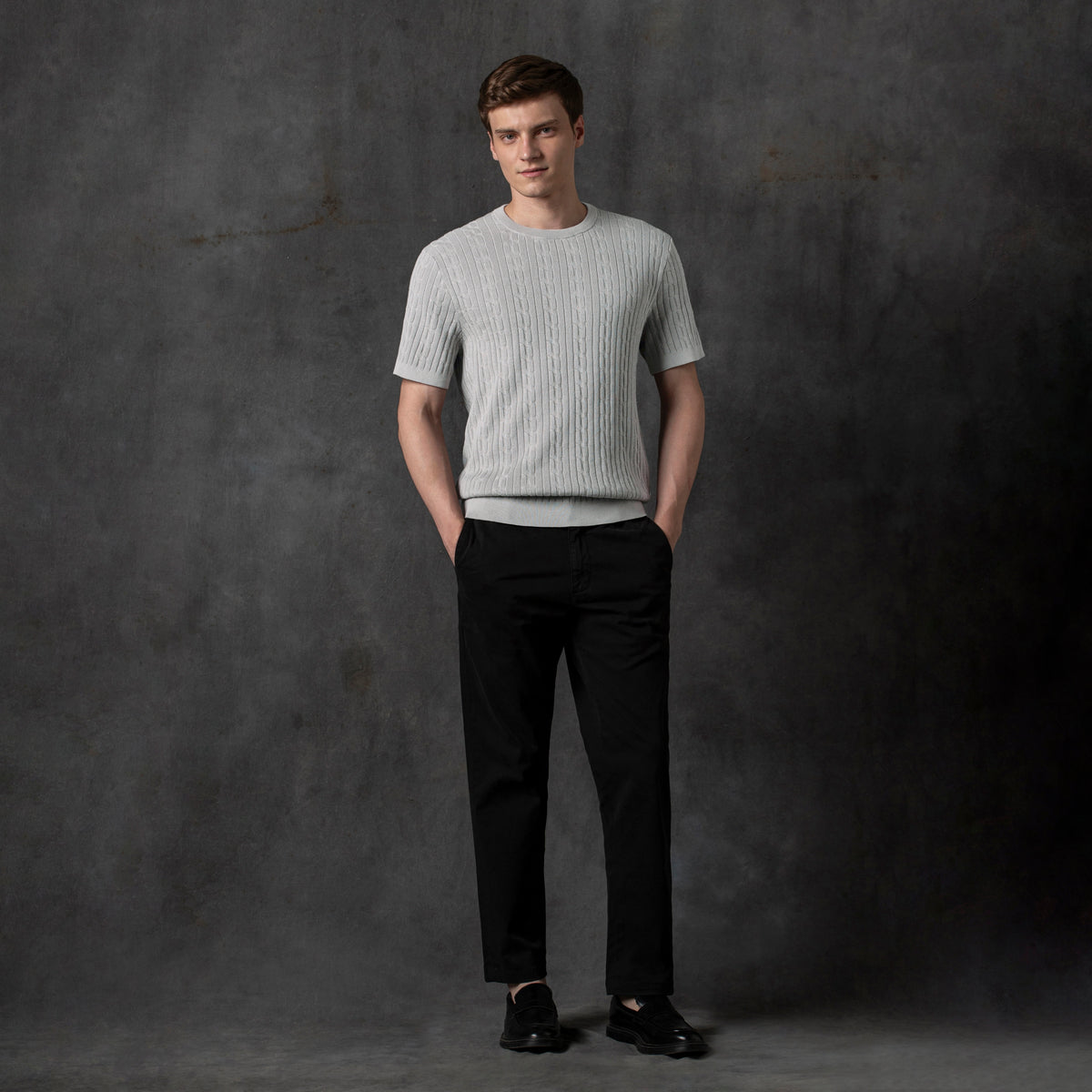 Cable Stitch Sweater Crewneck full body on model Charcoal Backdrop