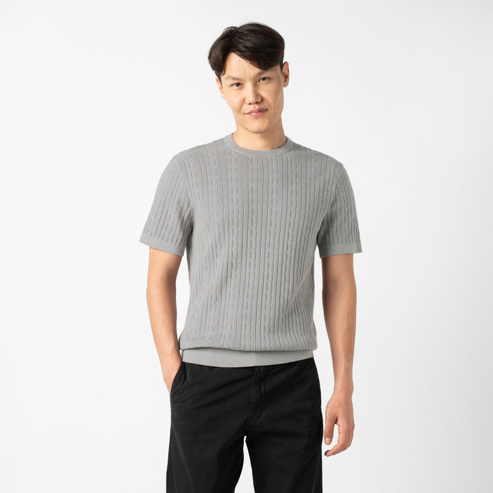Cable Stitch Sweater Crewneck Grey front on model