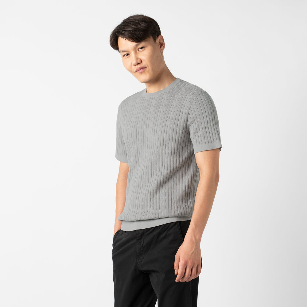 Cable Stitch Sweater Crewneck Grey side on model