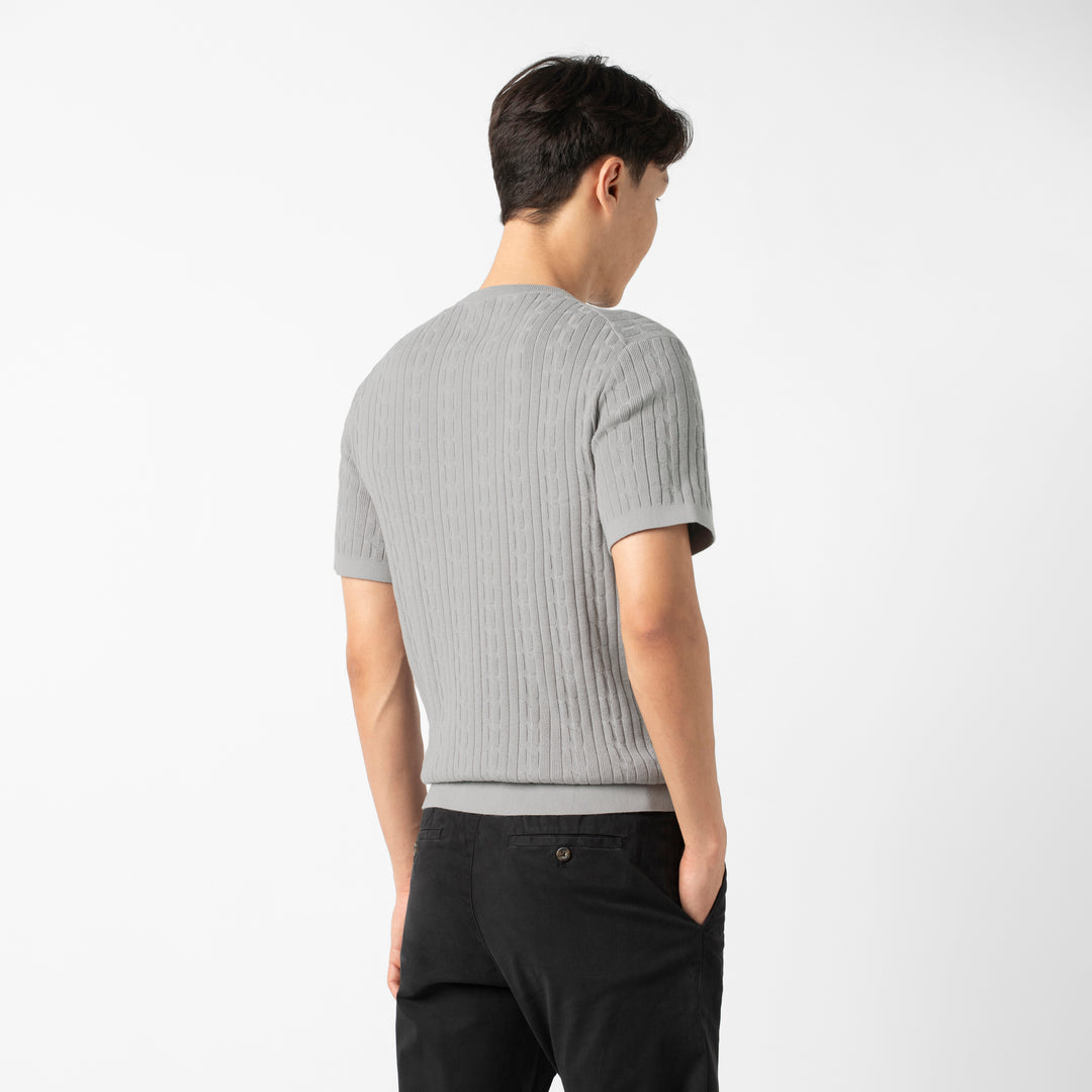 Cable Stitch Sweater Crewneck Grey back on model
