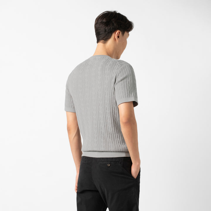 Cable Stitch Sweater Crewneck Grey back on model