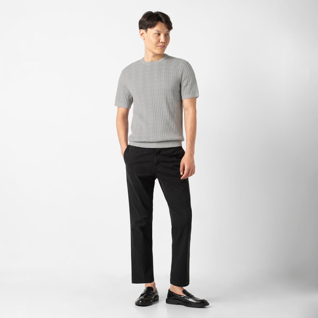 Cable Stitch Sweater Crewneck Grey full body on model