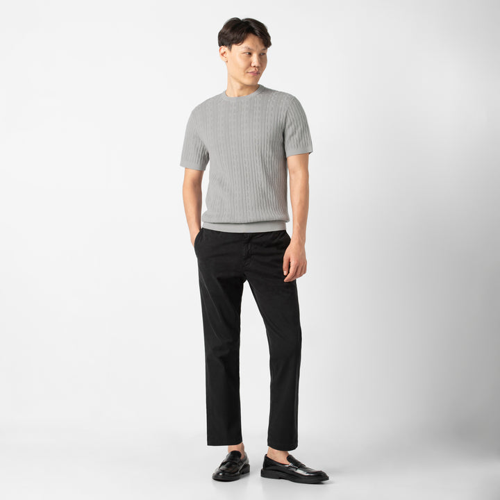Cable Stitch Sweater Crewneck Grey full body on model
