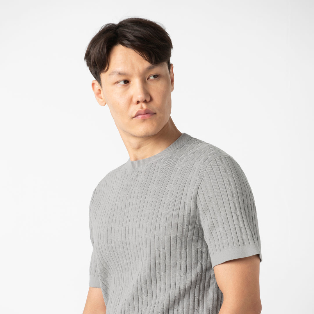 Cable Stitch Sweater Crewneck Grey close up on model