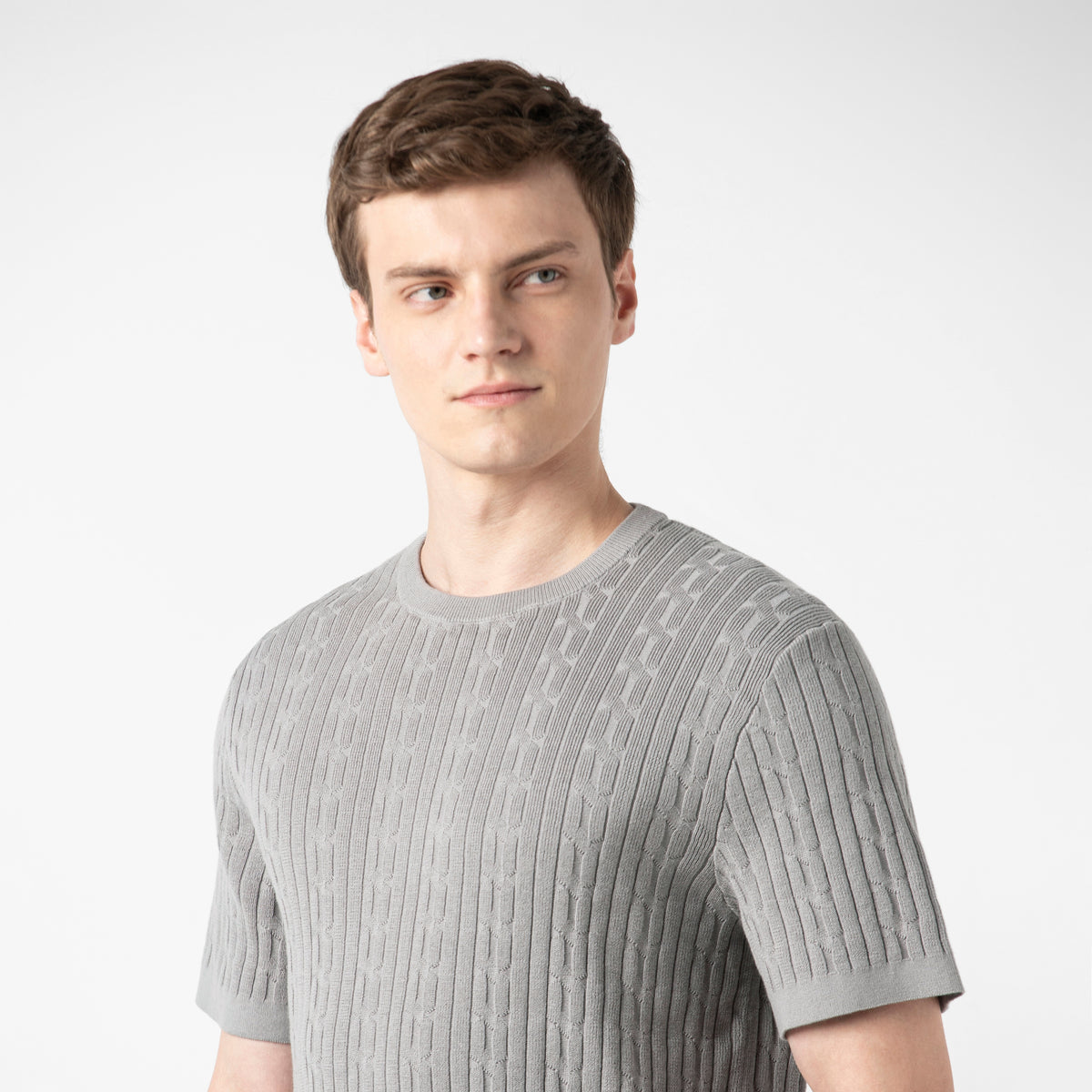 Cable Stitch Sweater Crewneck Grey close up on model