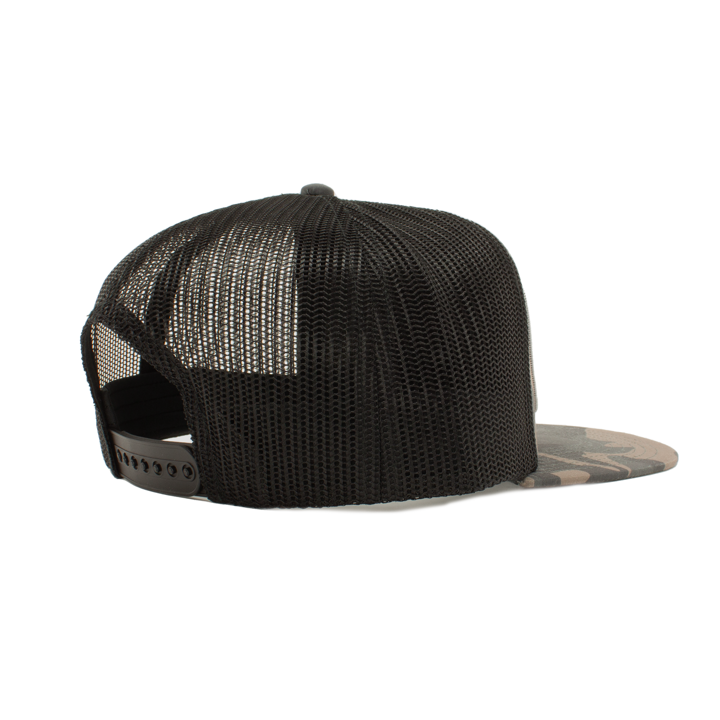 Camo Trucker Hat back right with an adjustable snap back