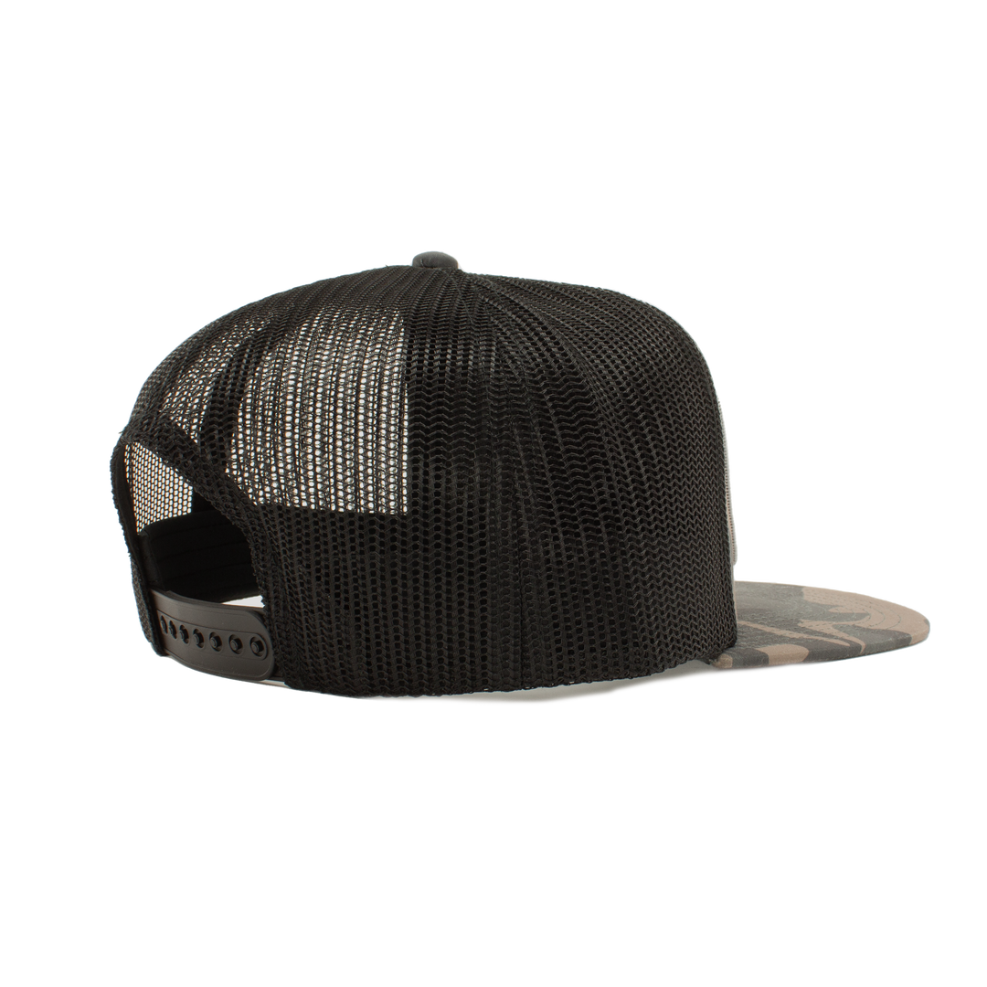 Camo Trucker Hat back right with an adjustable snap back
