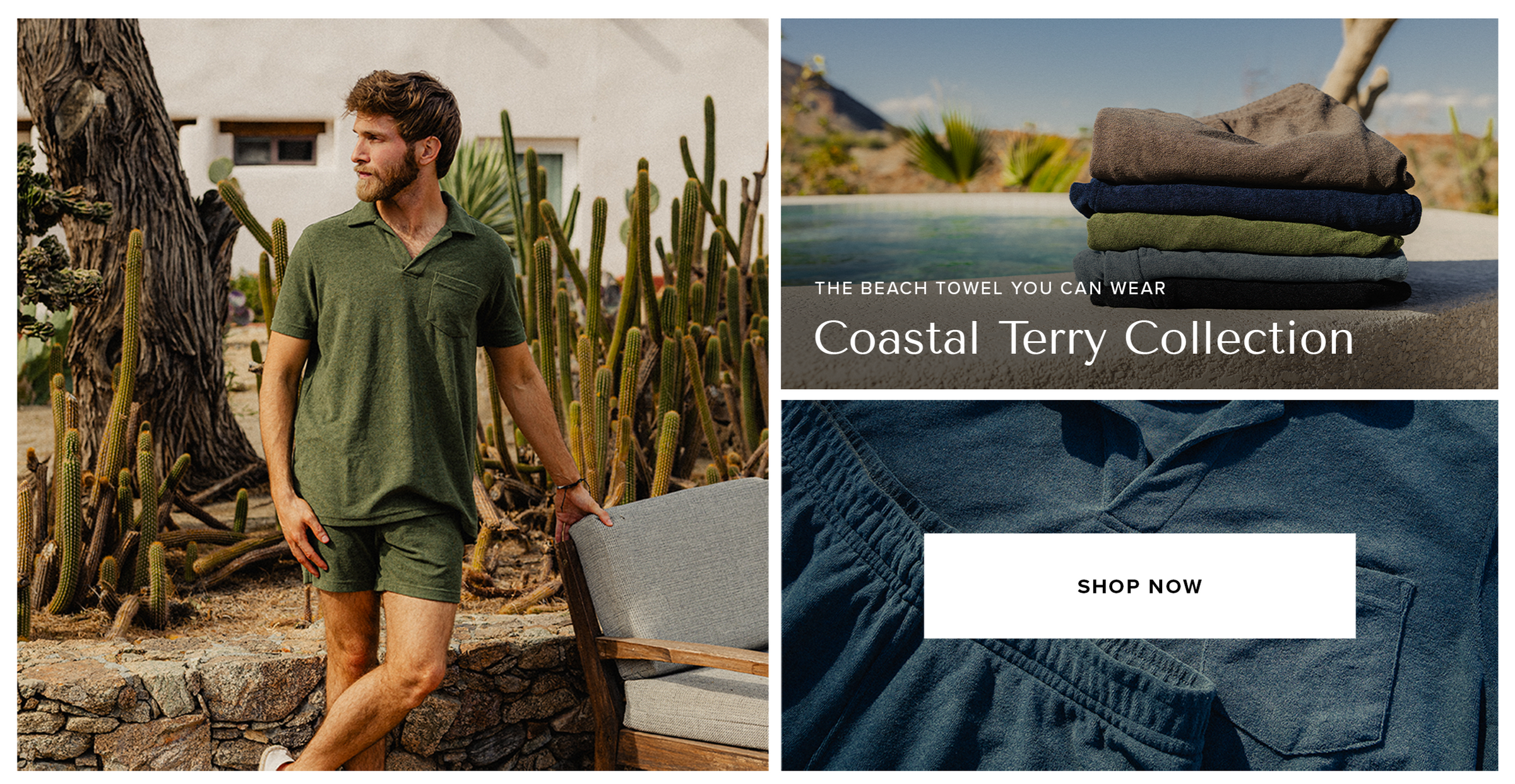 Man in coastal terry polo Olive and Coastal Terry Shorts Olive standing outdoors with cacti, folded towels labeled 'Coastal Terry Collection' on a desert background.