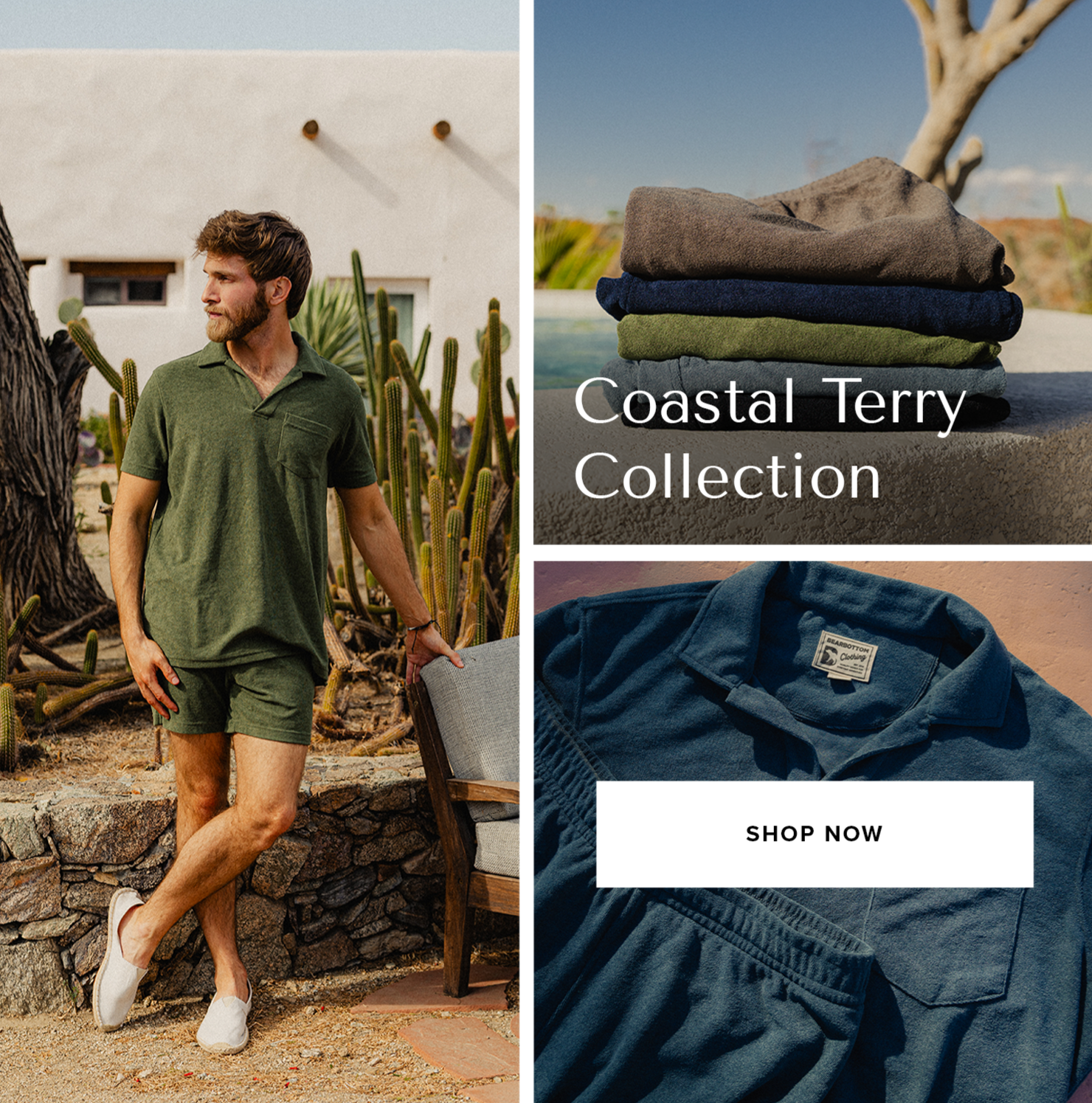 Man in coastal terry polo Olive and Coastal Terry Shorts Olive standing outdoors with cacti, folded towels labeled 'Coastal Terry Collection' on a desert background.