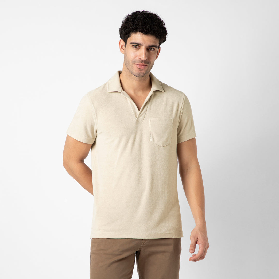 Coastal Terry Polo Bone front on model