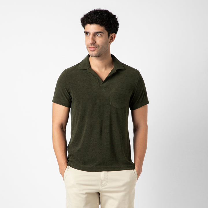Coastal Terry Polo Dark Pine front on model