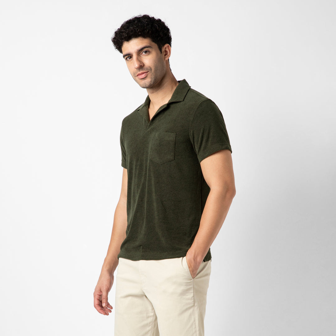 Coastal Terry Polo Dark Pine side on model