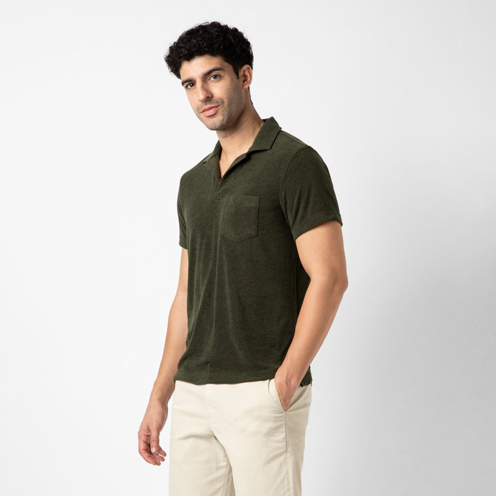 Coastal Terry Polo Dark Pine side on model