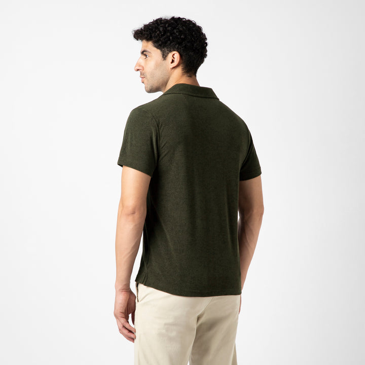 Coastal Terry Polo Dark Pine back on model
