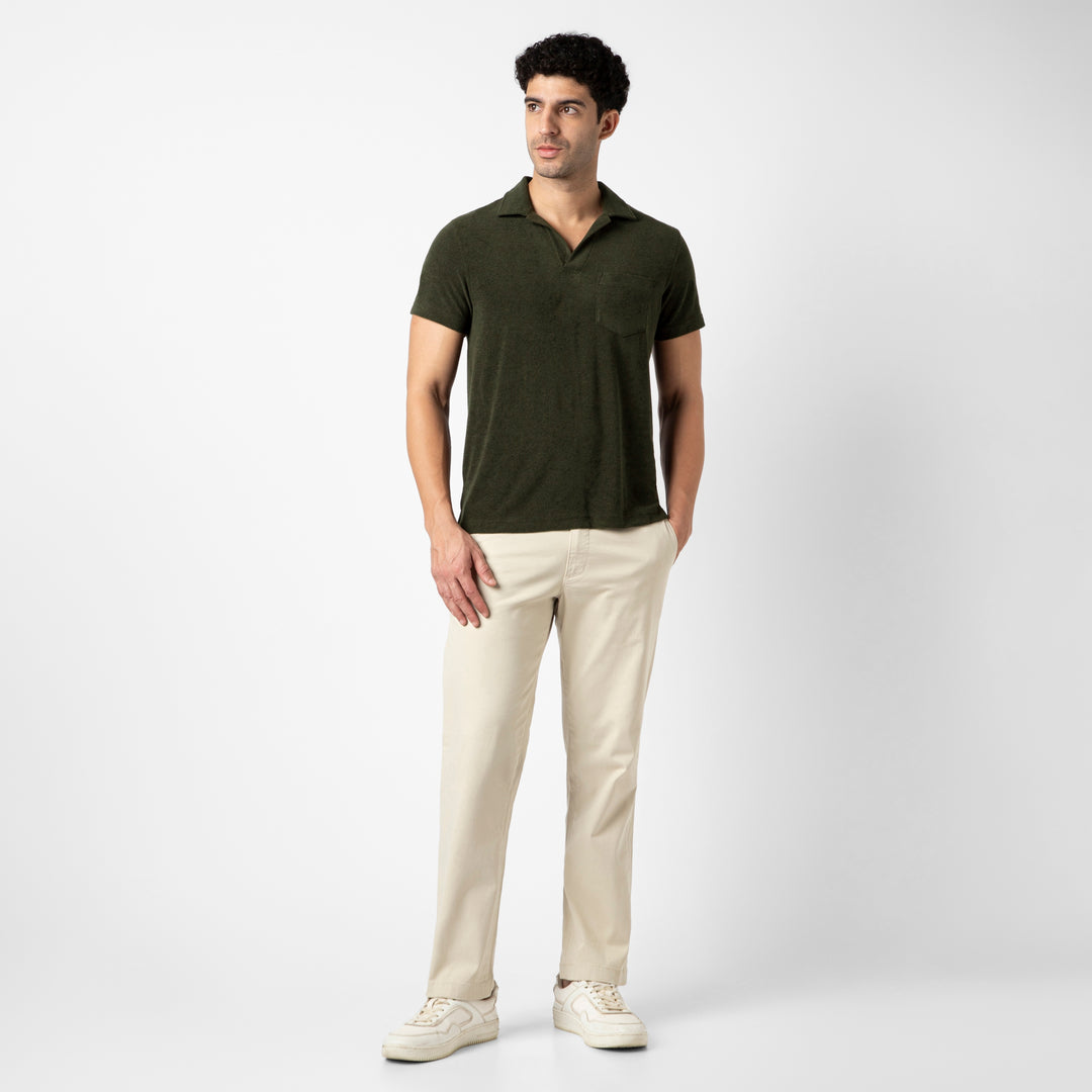 Coastal Terry Polo Dark Pine full body on model
