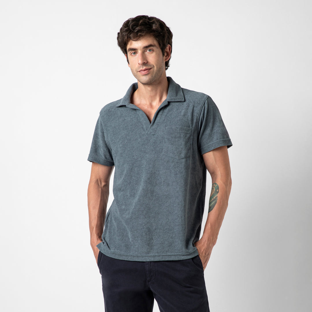 Coastal Terry Polo Denim front on model