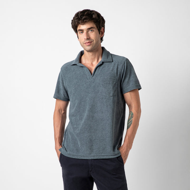 Coastal Terry Polo Denim front on model