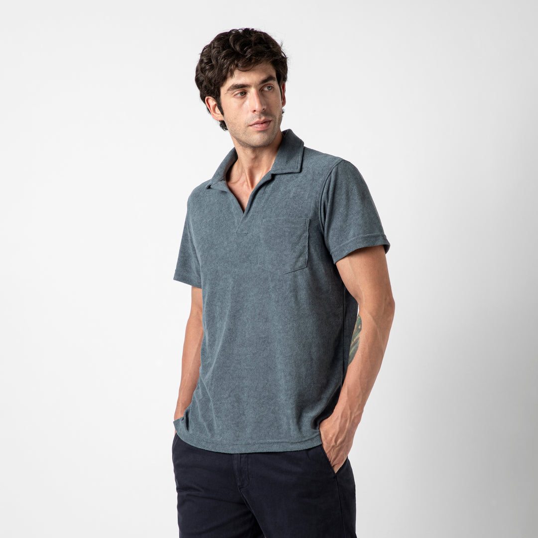 Coastal Terry Polo Denim side on model