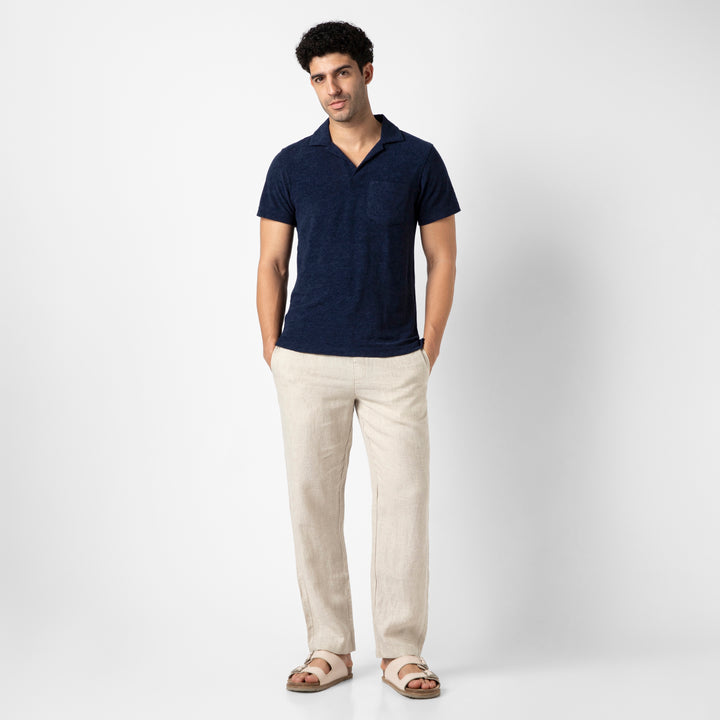 Coastal Terry Polo Navy full body on model