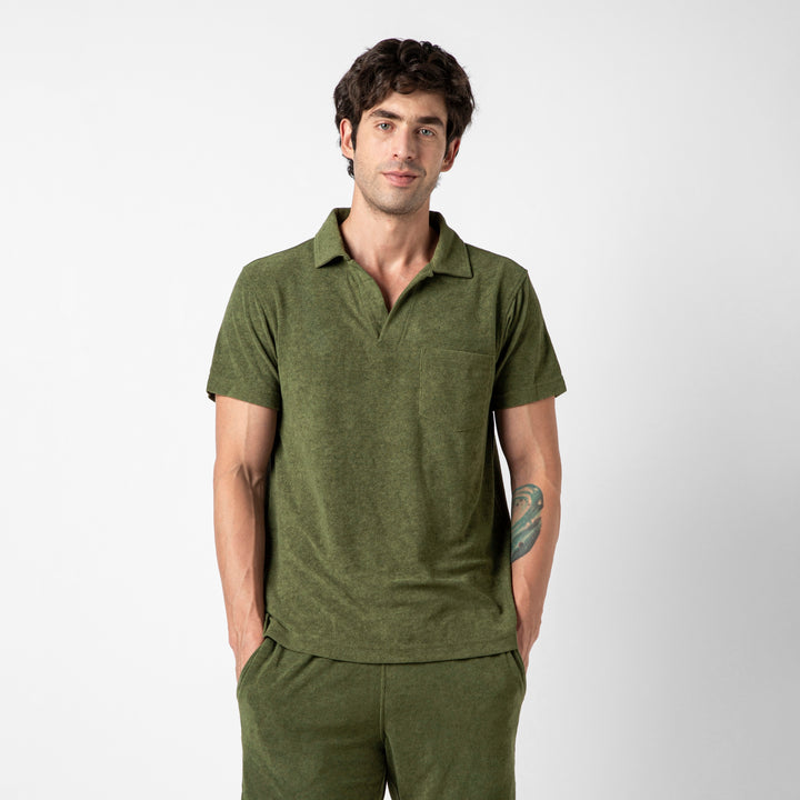 Coastal Terry Polo Olive front on model