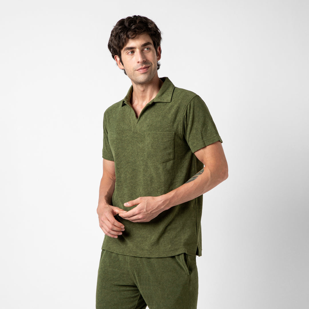 Coastal Terry Polo Olive side on model