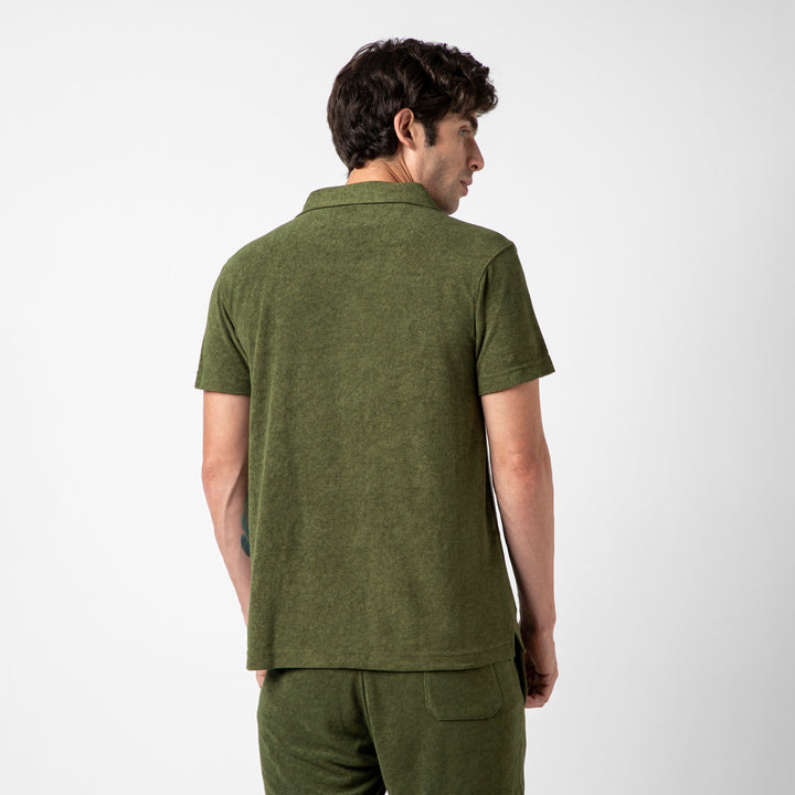 Coastal Terry Polo Olive back on model