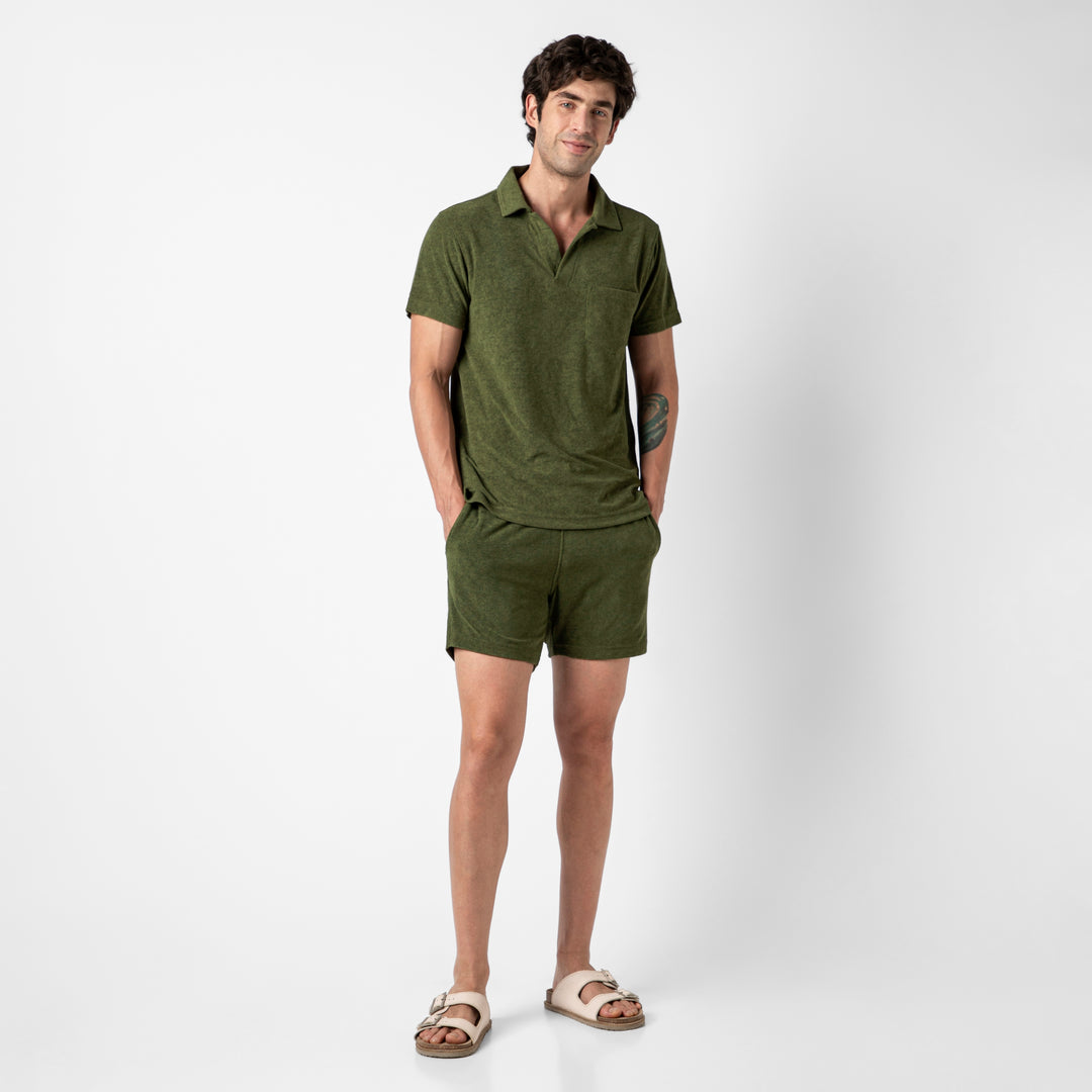 Coastal Terry Polo Olive full body on model