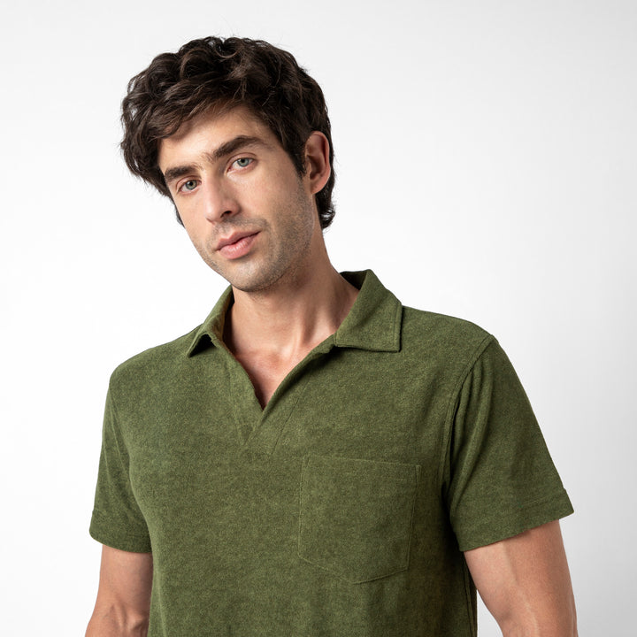 Coastal Terry Polo Olive close up on model